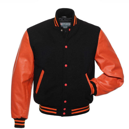 Biker Gear Pro Classic Hybrid Varsity Jacket University Letterman Bomber Jacket, Pure Wool & Original Cowhide Leather Jacket, Black Wool Body & Orange Leather Sleeves