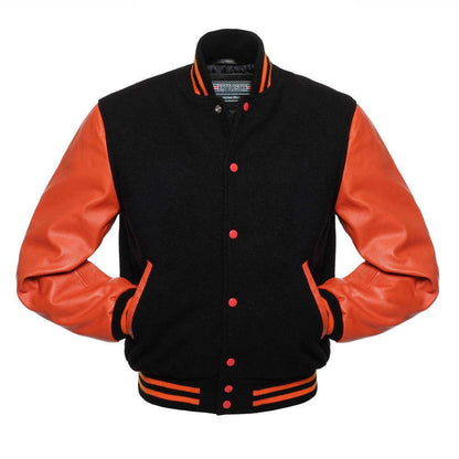 Biker Gear Pro Classic Hybrid Varsity Jacket University Letterman Bomber Jacket, Pure Wool & Original Cowhide Leather Jacket, Black Wool Body & Orange Leather Sleeves