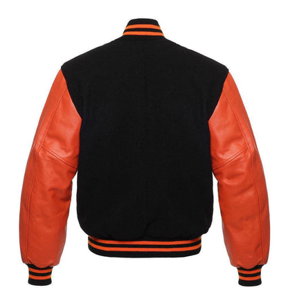 Biker Gear Pro Classic Hybrid Varsity Jacket University Letterman Bomber Jacket, Pure Wool & Original Cowhide Leather Jacket, Black Wool Body & Orange Leather Sleeves