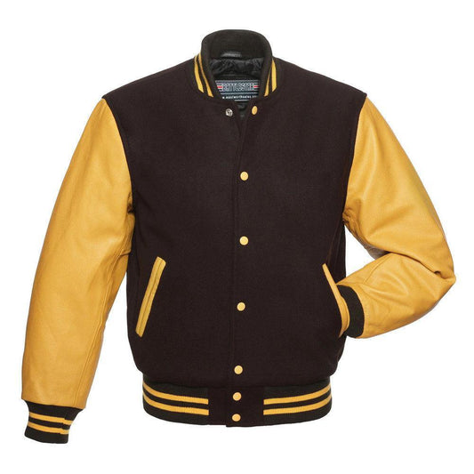 Biker Gear Pro Classic Hybrid Varsity Jacket University Letterman Bomber Jacket, Pure Wool & Original Cowhide Leather Jacket, Brown Wool Body & Gold Leather Sleeves