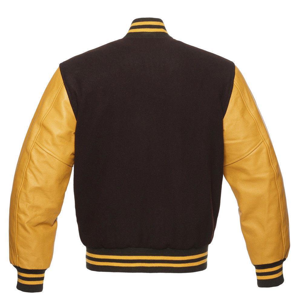 Biker Gear Pro Classic Hybrid Varsity Jacket University Letterman Bomber Jacket, Pure Wool & Original Cowhide Leather Jacket, Brown Wool Body & Gold Leather Sleeves