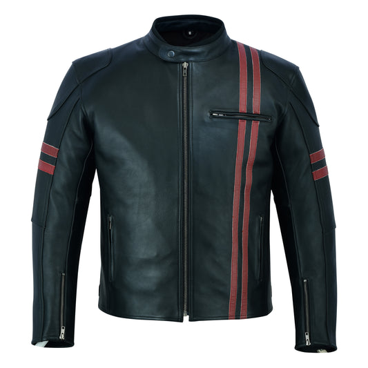 Biker Gear Pro Men's Motorcycle CE Armour Red Stripe Genuine Cowhide Leather Biker Jacket