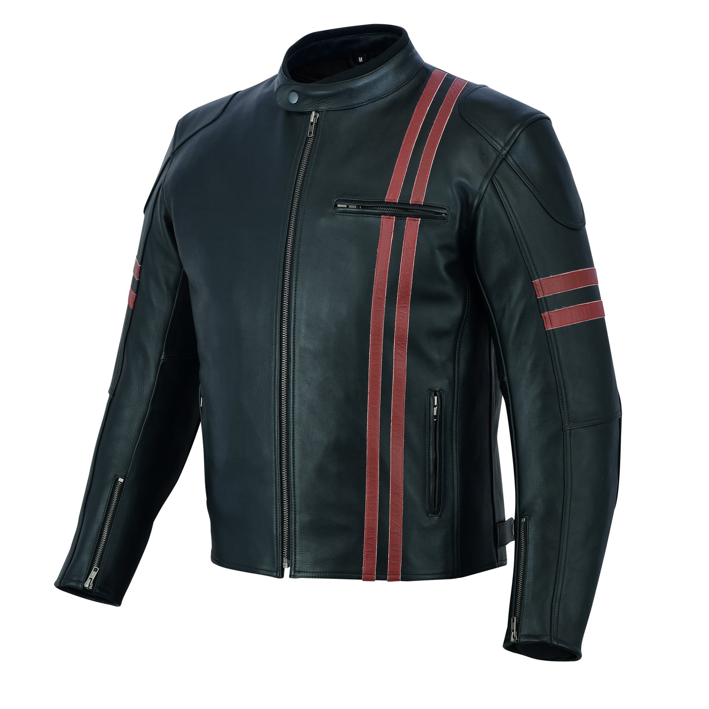 Biker Gear Pro Men's Motorcycle CE Armour Red Stripe Genuine Cowhide Leather Biker Jacket