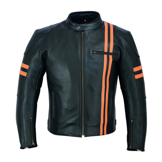 Biker Gear Pro Men's Motorcycle CE Armour Orange Stripe Genuine Cowhide Leather Biker Jacket