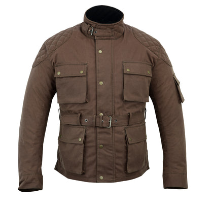 Biker Gear Pro Classic Men's Wax Cotton Waxed Motorcycle Jacket, Motorbike Top Waterproof - Brown