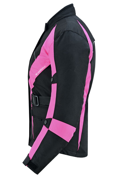 Biker Gear Pro New Ladies Motorcycle Textile 600D Cordura Waterproof Breathable Ventilation CE Armour Removable Lining Womens Motorbike Bikers Protection Jacket - Black & Pink