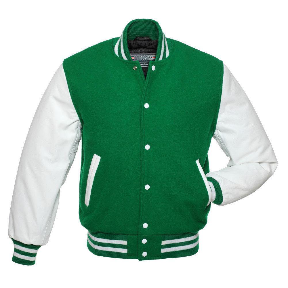 Biker Gear Pro Classic Hybrid Varsity Jacket University Letterman Bomber Jacket-Pure Wool & Original Cowhide Leather Jacket, Kelly Green Wool Body & White Leather Sleeves