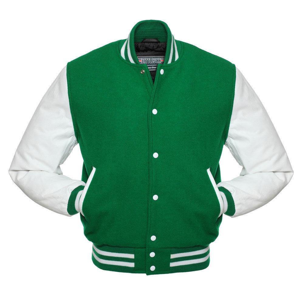 Biker Gear Pro Classic Hybrid Varsity Jacket University Letterman Bomber Jacket-Pure Wool & Original Cowhide Leather Jacket, Kelly Green Wool Body & White Leather Sleeves