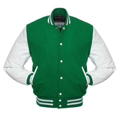 Biker Gear Pro Classic Hybrid Varsity Jacket University Letterman Bomber Jacket-Pure Wool & Original Cowhide Leather Jacket, Kelly Green Wool Body & White Leather Sleeves