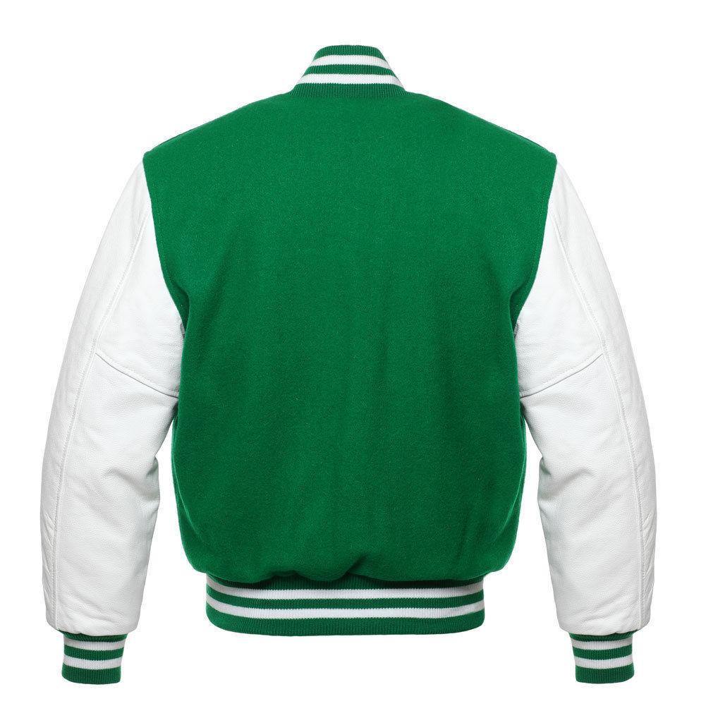 Biker Gear Pro Classic Hybrid Varsity Jacket University Letterman Bomber Jacket-Pure Wool & Original Cowhide Leather Jacket, Kelly Green Wool Body & White Leather Sleeves