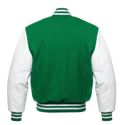 Biker Gear Pro Classic Hybrid Varsity Jacket University Letterman Bomber Jacket-Pure Wool & Original Cowhide Leather Jacket, Kelly Green Wool Body & White Leather Sleeves