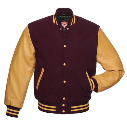 Biker Gear Pro Classic Hybrid Varsity Jacket University Letterman Bomber Jacket, Pure Wool & Original Cowhide Leather Jacket, Maroon Wool Body & Gold Leather Sleeves