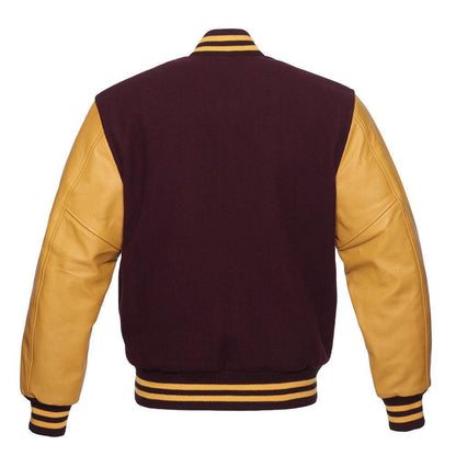 Biker Gear Pro Classic Hybrid Varsity Jacket University Letterman Bomber Jacket, Pure Wool & Original Cowhide Leather Jacket, Maroon Wool Body & Gold Leather Sleeves