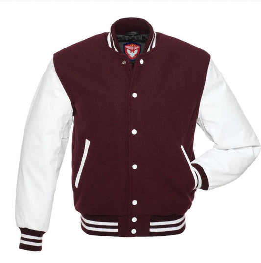 Biker Gear Pro Classic Hybrid Varsity Jacket University Letterman Bomber Jacket-Pure Wool & Original Cowhide Leather Jacket, Maroon Wool Body & White Leather Sleeves