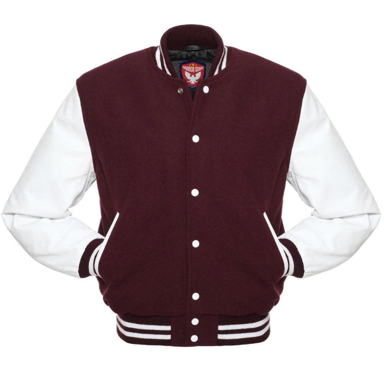 Biker Gear Pro Classic Hybrid Varsity Jacket University Letterman Bomber Jacket-Pure Wool & Original Cowhide Leather Jacket, Maroon Wool Body & White Leather Sleeves