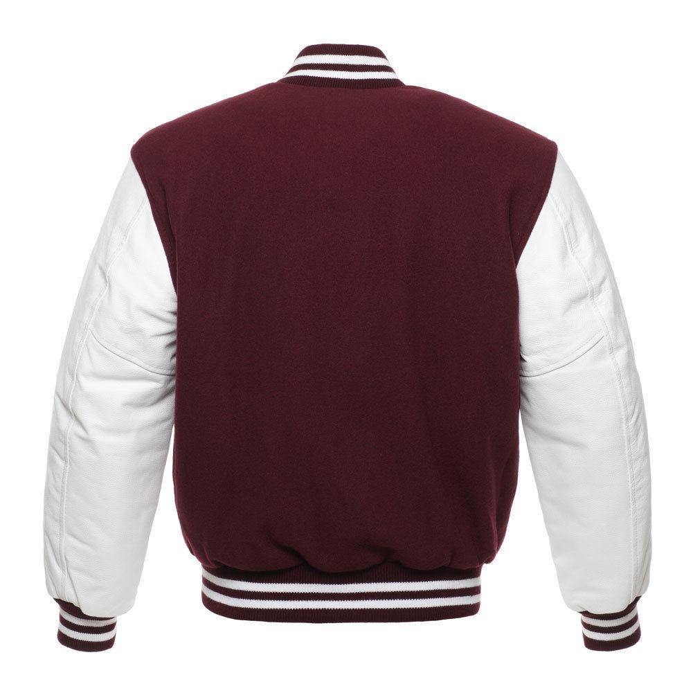 Biker Gear Pro Classic Hybrid Varsity Jacket University Letterman Bomber Jacket-Pure Wool & Original Cowhide Leather Jacket, Maroon Wool Body & White Leather Sleeves