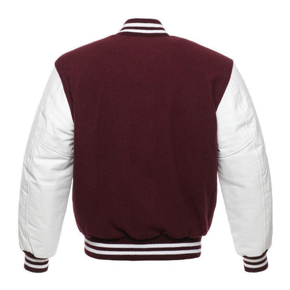 Biker Gear Pro Classic Hybrid Varsity Jacket University Letterman Bomber Jacket-Pure Wool & Original Cowhide Leather Jacket, Maroon Wool Body & White Leather Sleeves