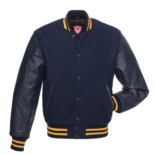 Biker Gear Pro Classic Hybrid Varsity Jacket University Letterman Bomber Jacket, Pure Wool & Original Cowhide Leather Jacket, Navy Wool Body & Navy Leather Sleeves