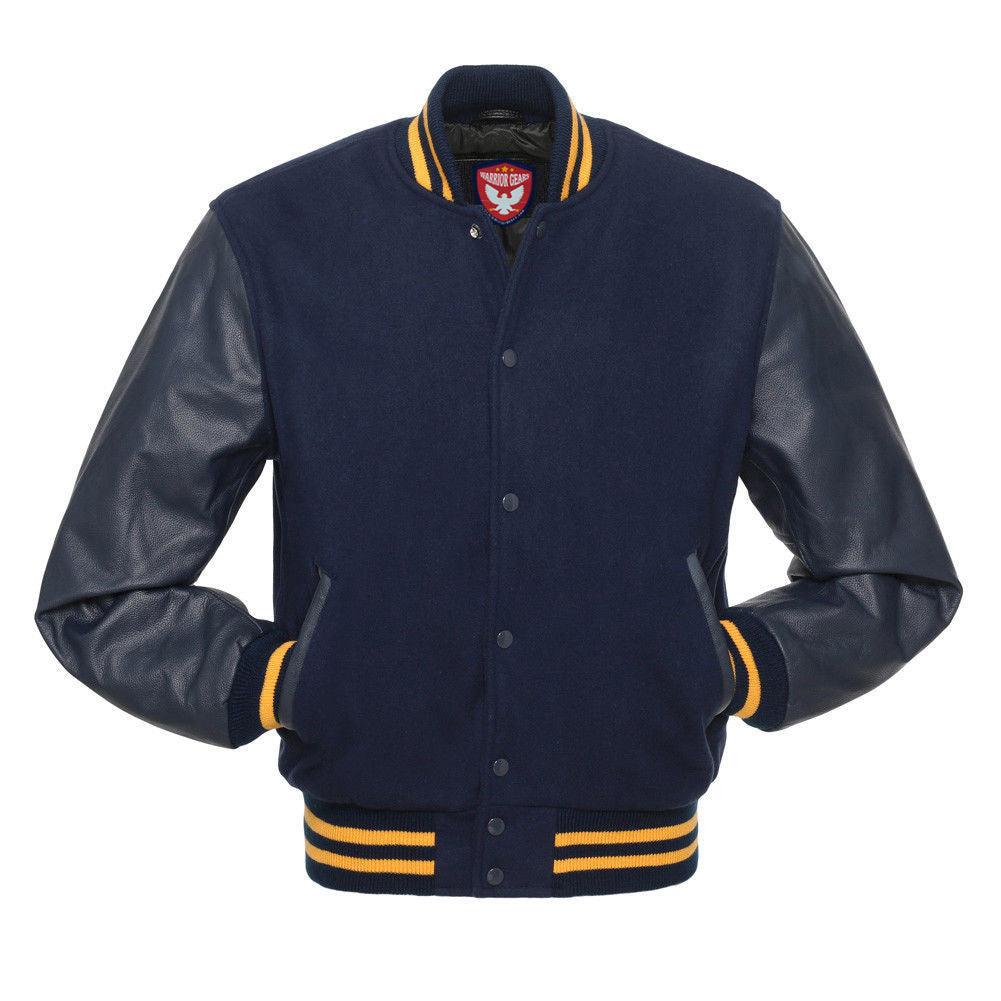 Biker Gear Pro Classic Hybrid Varsity Jacket University Letterman Bomber Jacket, Pure Wool & Original Cowhide Leather Jacket, Navy Wool Body & Navy Leather Sleeves