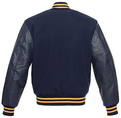 Biker Gear Pro Classic Hybrid Varsity Jacket University Letterman Bomber Jacket, Pure Wool & Original Cowhide Leather Jacket, Navy Wool Body & Navy Leather Sleeves