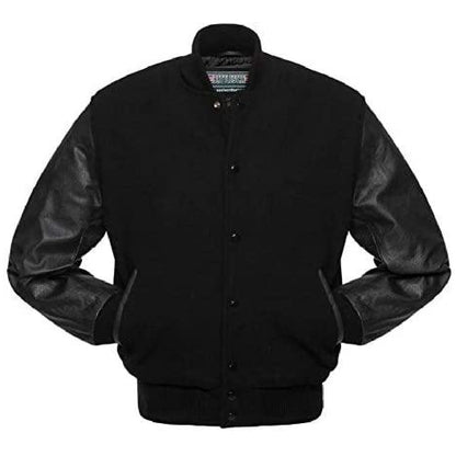 Biker Gear Pro Classic Hybrid Varsity Jacket University Letterman Bomber Jacket-Pure Wool & Original Cowhide Leather Jacket-Black Wool Body & Black Leather Sleeves