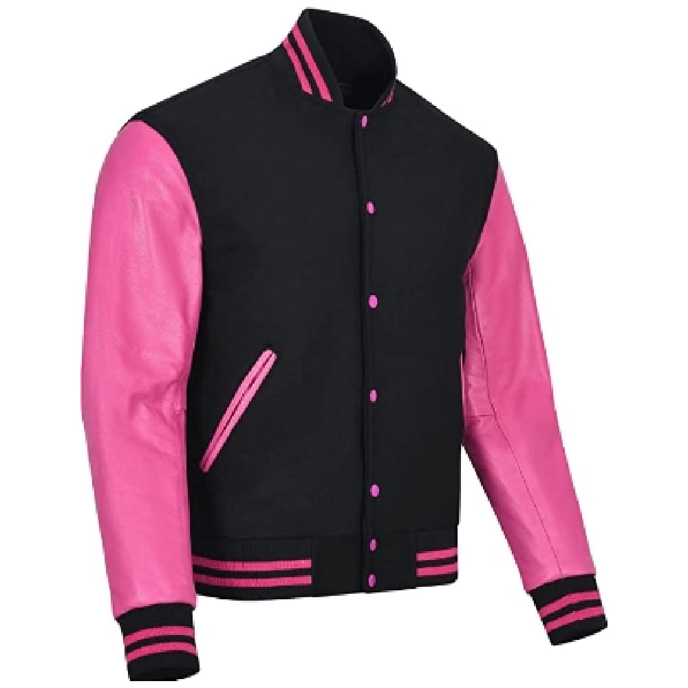 Biker Gear Pro Classic Hybrid Varsity Jacket University Letterman Bomber Jacket, Pure Wool & Original Cowhide Leather Jacket, Black Wool Body & Pink Leather Sleeves