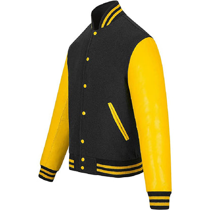 Biker Gear Pro Classic Hybrid Varsity Jacket University Letterman Bomber Jacket, Pure Wool & Original Cowhide Leather Jacket, Black Wool Body & Yellow Leather Sleeves