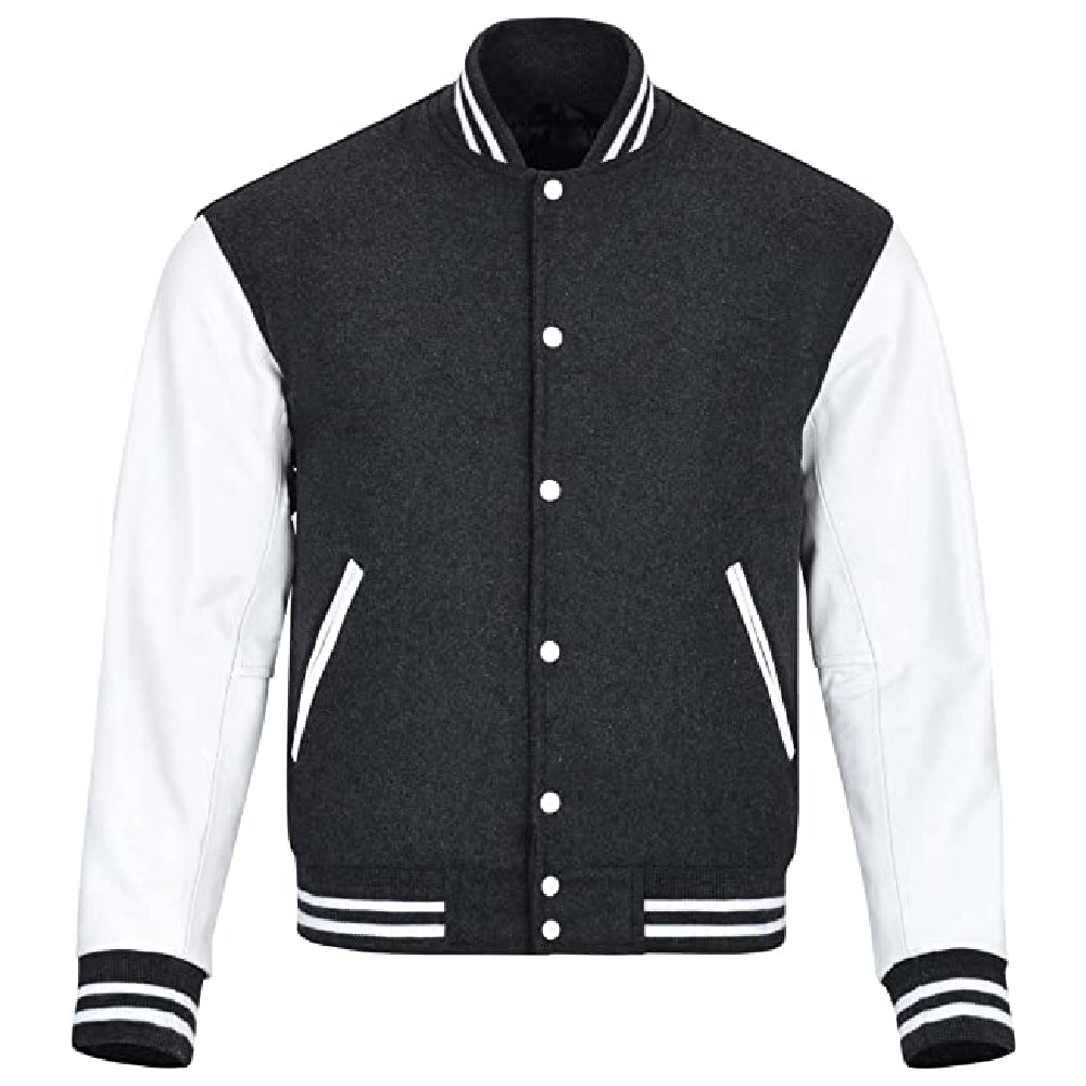 Biker Gear Pro Classic Hybrid Varsity Jacket University Letterman Bomber Jacket, Pure Wool & Original Cowhide Leather Jacket, Dark Grey Wool Body & White Leather Sleeves