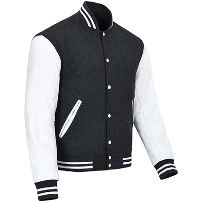 Biker Gear Pro Classic Hybrid Varsity Jacket University Letterman Bomber Jacket, Pure Wool & Original Cowhide Leather Jacket, Dark Grey Wool Body & White Leather Sleeves