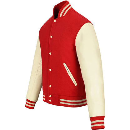 Biker Gear Pro Classic Hybrid Varsity Jacket University Letterman Bomber Jacket, Pure Wool & Original Cowhide Leather Jacket, Red Wool Body & Cream Leather Sleeves