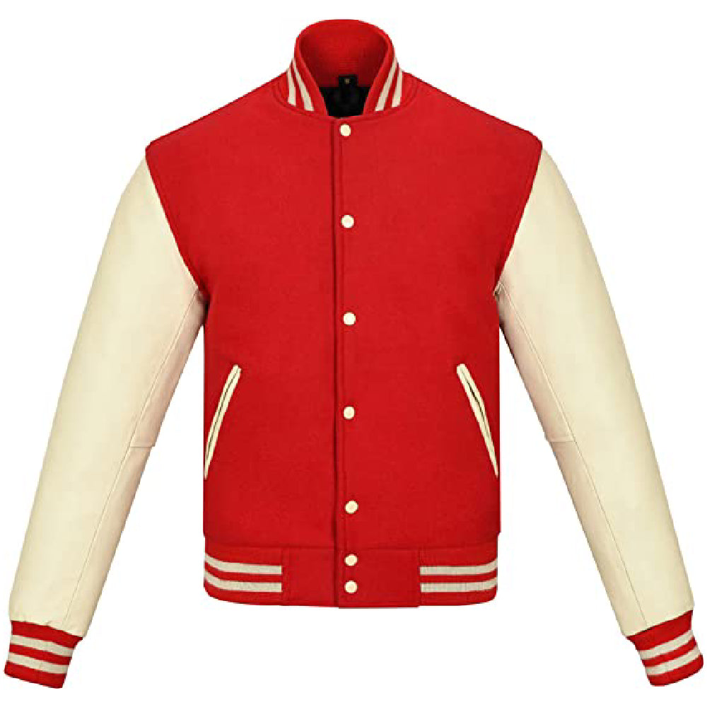 Biker Gear Pro Classic Hybrid Varsity Jacket University Letterman Bomber Jacket, Pure Wool & Original Cowhide Leather Jacket, Red Wool Body & Cream Leather Sleeves