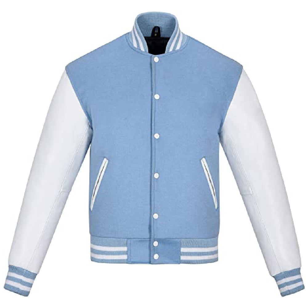 Biker Gear Pro Classic Hybrid Varsity Jacket University Letterman Bomber Jacket-Pure Wool & Original Cowhide Leather Jacket, Baby Blue Wool Body & White Leather Sleeves