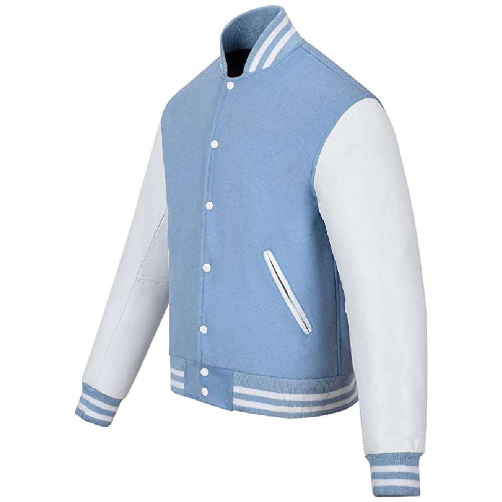 Biker Gear Pro Classic Hybrid Varsity Jacket University Letterman Bomber Jacket-Pure Wool & Original Cowhide Leather Jacket, Baby Blue Wool Body & White Leather Sleeves