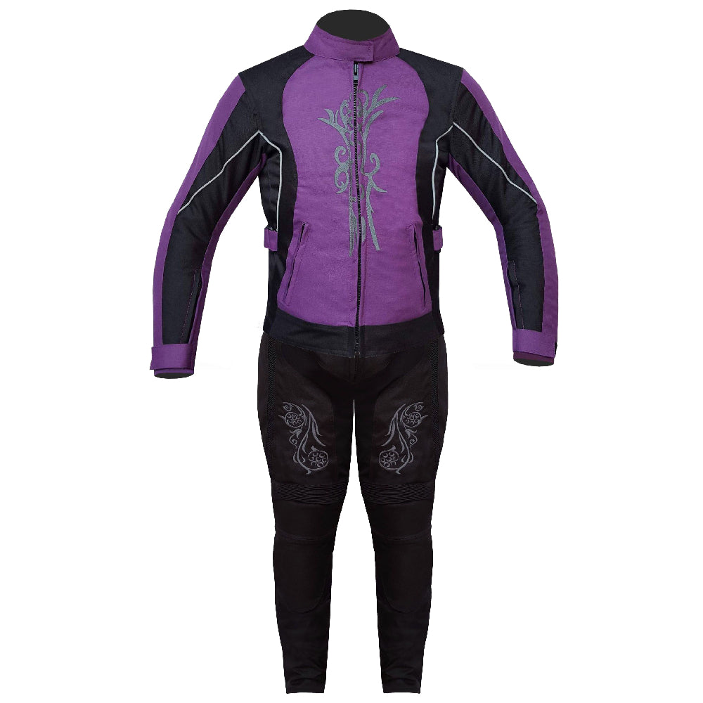 Biker Gear Pro Ladies Motorcycle Suit Waterproof Breathable CE Armoured Motorbike Jacket Trouser Set-Suit- Black & Purple