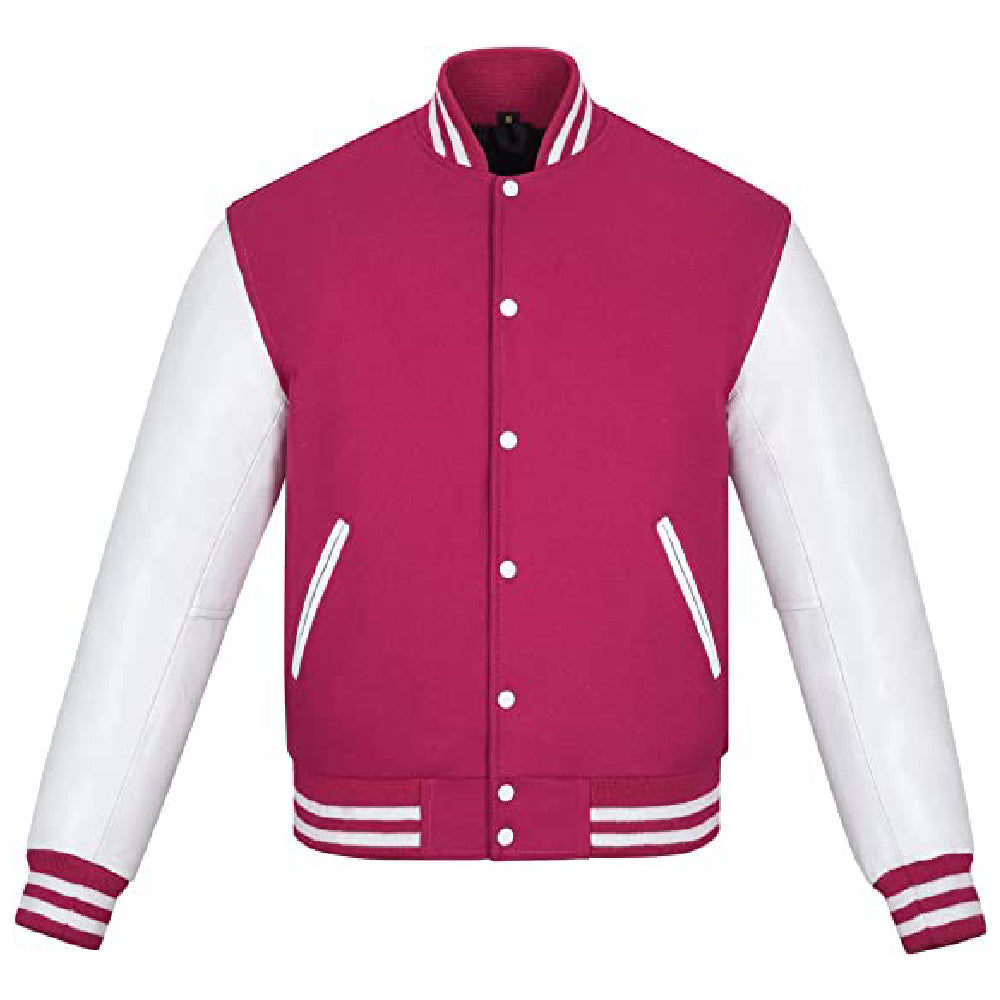 Biker Gear Pro Classic Hybrid Varsity Jacket University Letterman Bomber Jacket-Pure Wool & Original Cowhide Leather Jacket, Hot Pink Wool Body & White Leather Sleeves