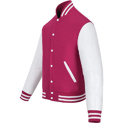 Biker Gear Pro Classic Hybrid Varsity Jacket University Letterman Bomber Jacket-Pure Wool & Original Cowhide Leather Jacket, Hot Pink Wool Body & White Leather Sleeves