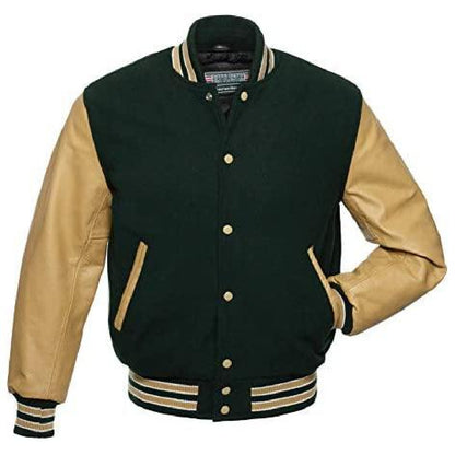 Biker Gear Pro Classic Hybrid Varsity Jacket University Letterman Bomber Jacket-Forest Green Pure Wool Body & Tan Real Leather Sleeves