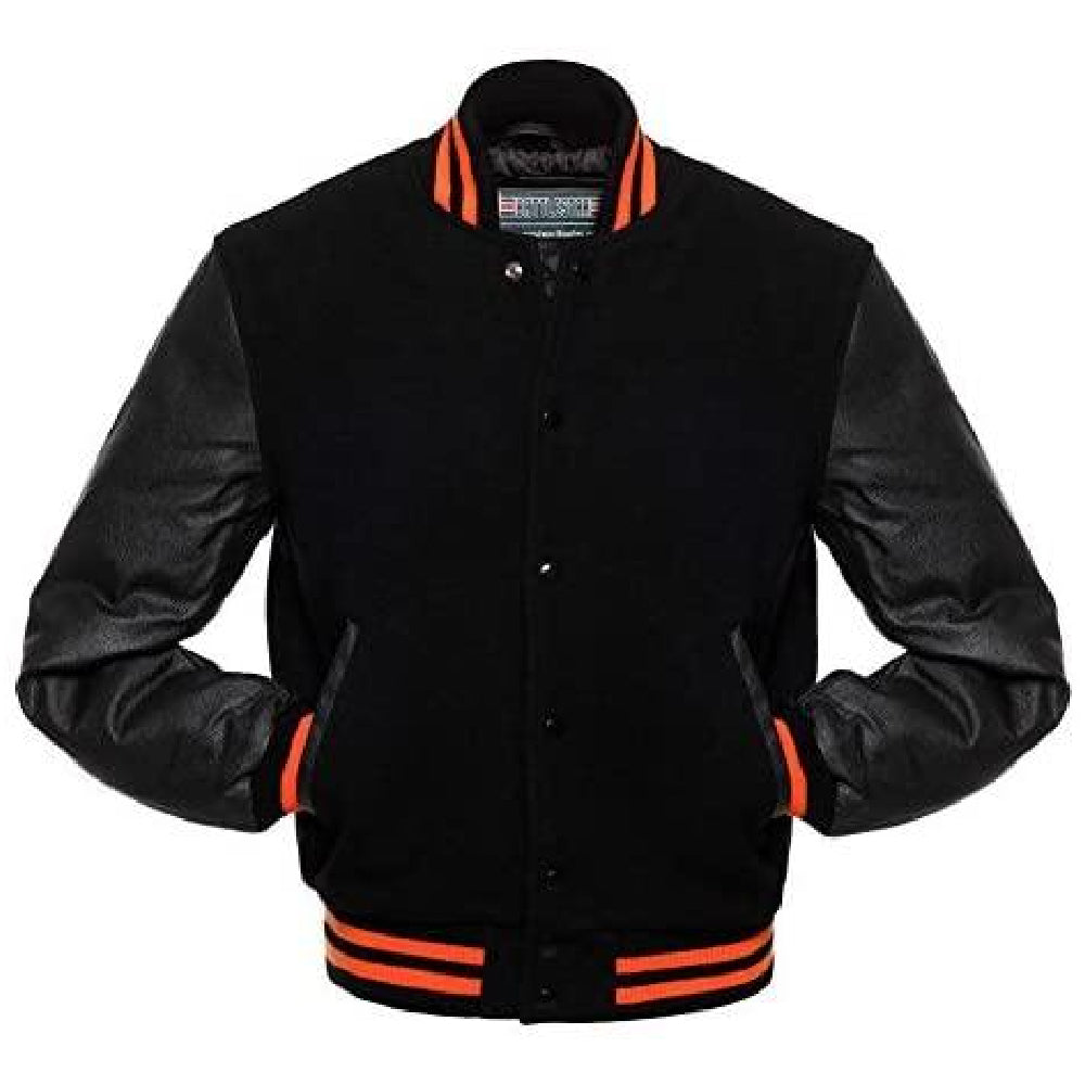 Biker Gear Pro Classic Hybrid Varsity Jacket University Letterman Bomber  Jacket-Pure Wool & Original Cowhide Leather Jacket, All Black Wool Body &  