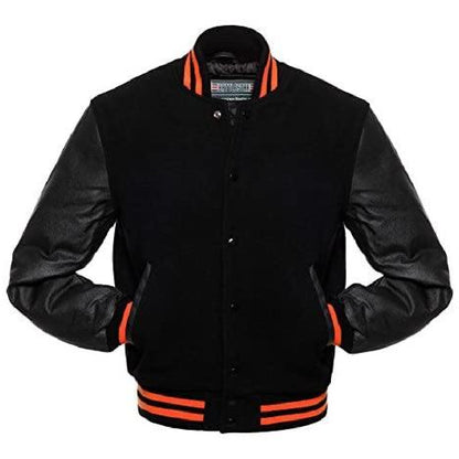 Biker Gear Pro Classic Hybrid Varsity Jacket University Letterman Bomber Jacket-Pure Wool & Original Cowhide Leather Jacket, All Black Wool Body & Leather Sleeves with Orange Ribs