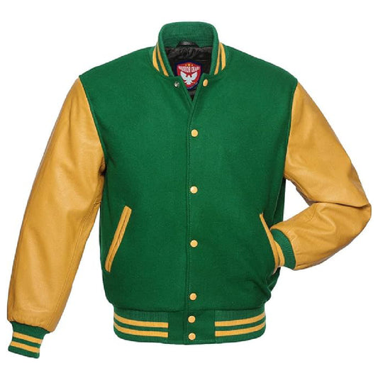 Biker Gear Pro Classic Hybrid Varsity Jacket University Letterman Bomber Jacket, Pure Wool & Original Cowhide Leather Jacket, Kelly Green Wool Body & Gold Leather Sleeves