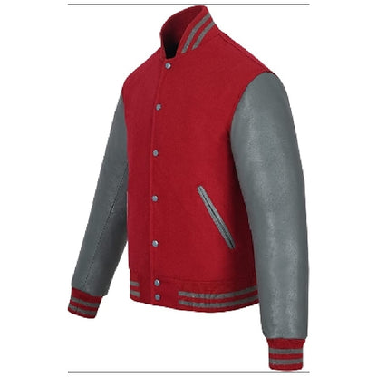 Biker Gear Pro Classic Hybrid Varsity Jacket University Letterman Bomber Jacket, Pure Wool & Original Cowhide Leather Jacket, Maroon Wool Body & Grey Leather Sleeves