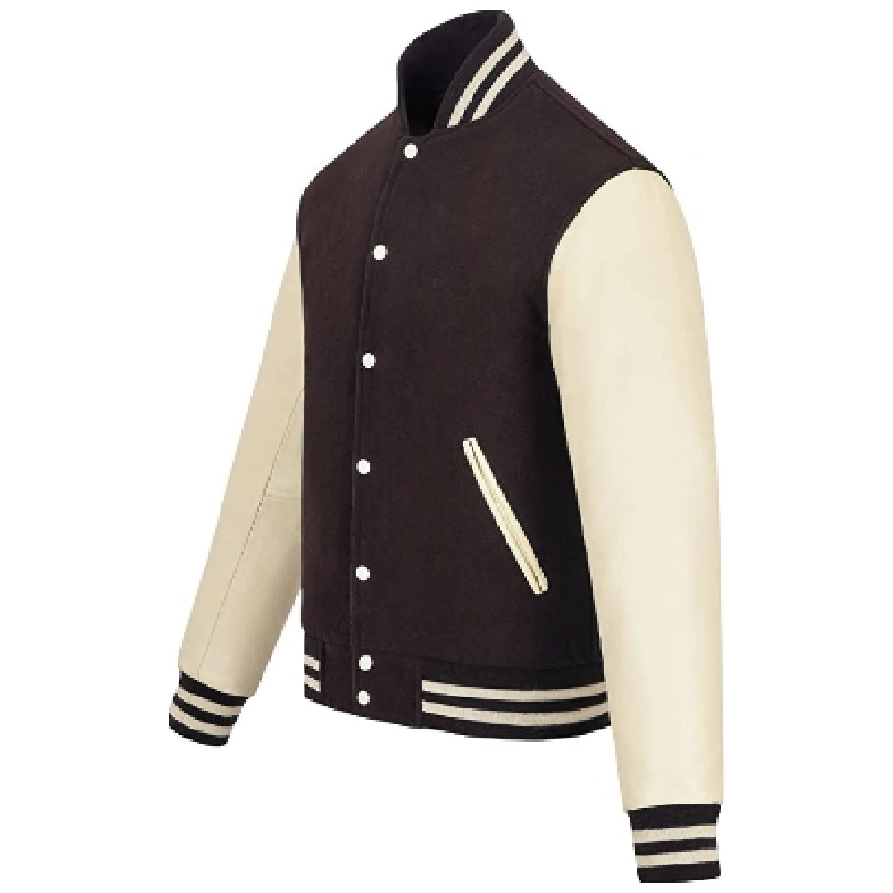 Biker Gear Pro Classic Hybrid Varsity Jacket University Letterman Bomber Jacket, Pure Wool & Original Cowhide Leather Jacket, Brown Wool Body & Cream Leather Sleeves