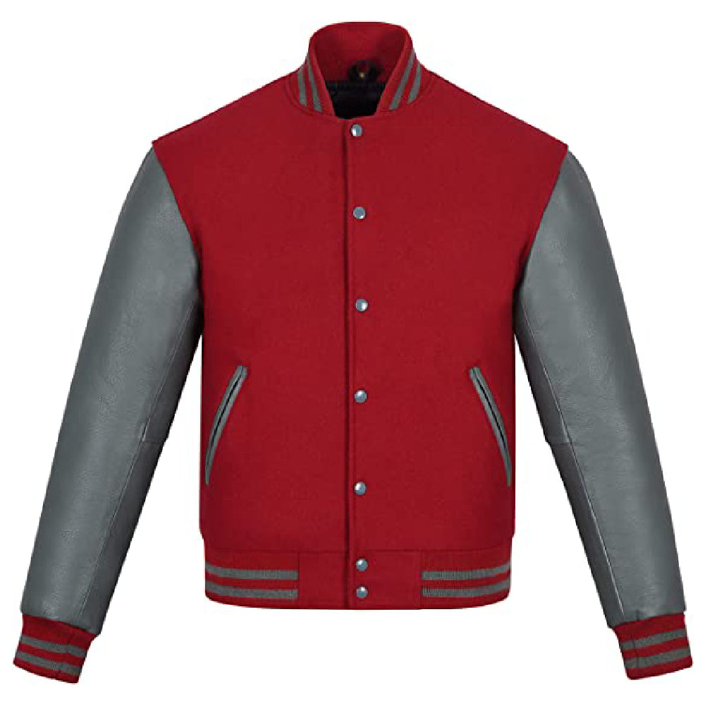 Biker Gear Pro Classic Hybrid Varsity Jacket University Letterman Bomber Jacket, Pure Wool & Original Cowhide Leather Jacket, Maroon Wool Body & Grey Leather Sleeves