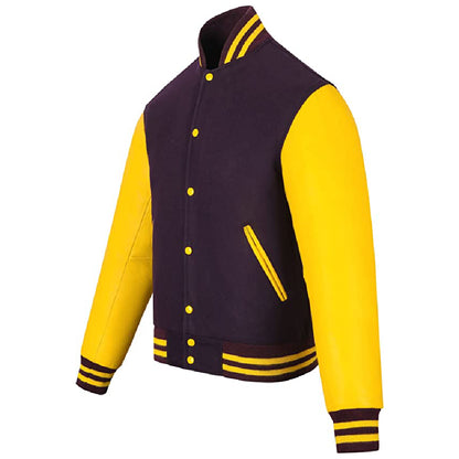 Biker Gear Pro Classic Hybrid Varsity Jacket University Letterman Bomber Jacket, Pure Wool & Original Cowhide Leather Jacket, Purple Wool Body & Yellow Leather Sleeves