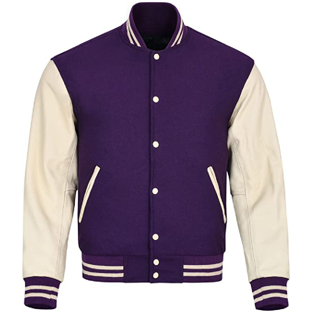 Biker Gear Pro Classic Hybrid Varsity Jacket University Letterman Bomber Jacket, Pure Wool & Original Cowhide Leather Jacket, Purple Wool Body & Cream Leather Sleeves