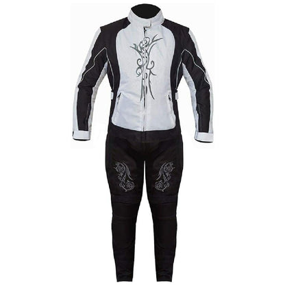 Biker Gear Pro Ladies Motorcycle Suit Waterproof Breathable CE Armoured Motorbike Jacket Trouser Set-Suit- Black & White