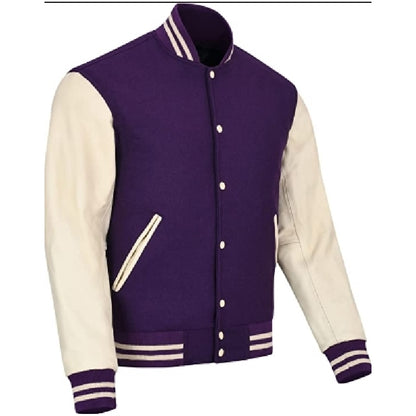 Biker Gear Pro Classic Hybrid Varsity Jacket University Letterman Bomber Jacket, Pure Wool & Original Cowhide Leather Jacket, Purple Wool Body & Cream Leather Sleeves