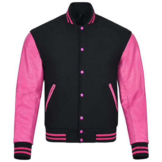 Biker Gear Pro Classic Hybrid Varsity Jacket University Letterman Bomber Jacket, Pure Wool & Original Cowhide Leather Jacket, Black Wool Body & Pink Leather Sleeves