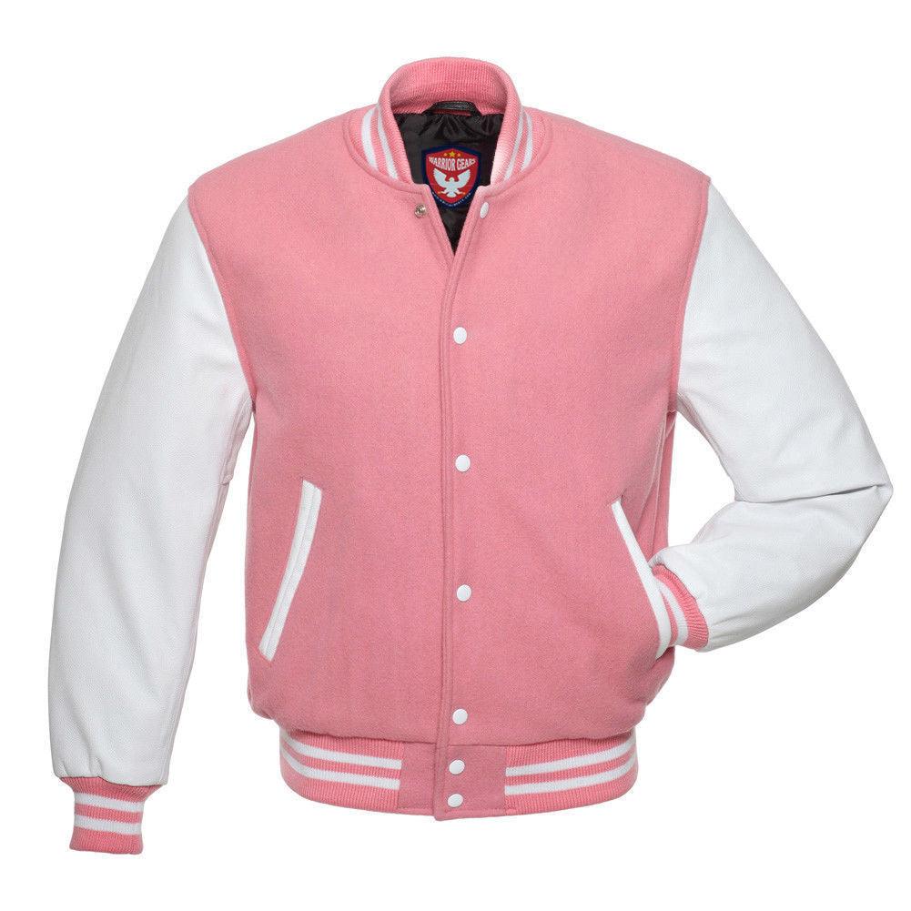 Biker Gear Pro Classic Hybrid Varsity Jacket University Letterman Bomber Jacket-Pure Wool & Original Cowhide Leather Jacket, Pink Wool Body & White Leather Sleeves