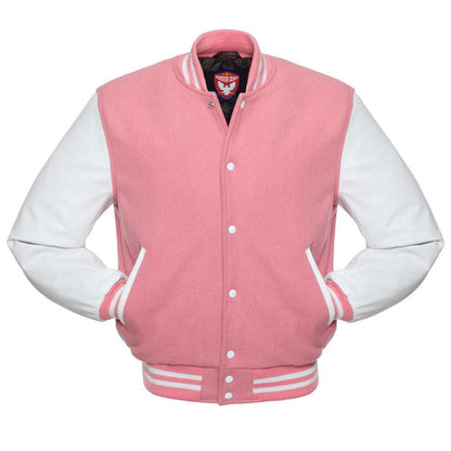 Biker Gear Pro Classic Hybrid Varsity Jacket University Letterman Bomber Jacket-Pure Wool & Original Cowhide Leather Jacket, Pink Wool Body & White Leather Sleeves